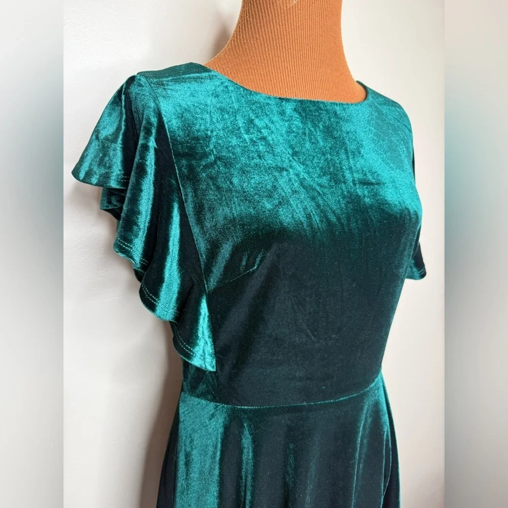 Midnight Doll Flutter Sleeve Green Velvet Double-Hem Fit & Flare Dress Sz Large - Picture 3 of 10
